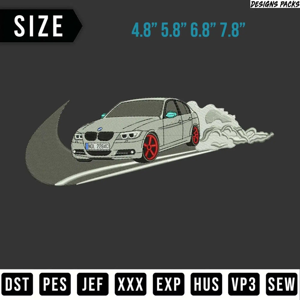 Silver car with red wheels, smoking tires, and size options.
