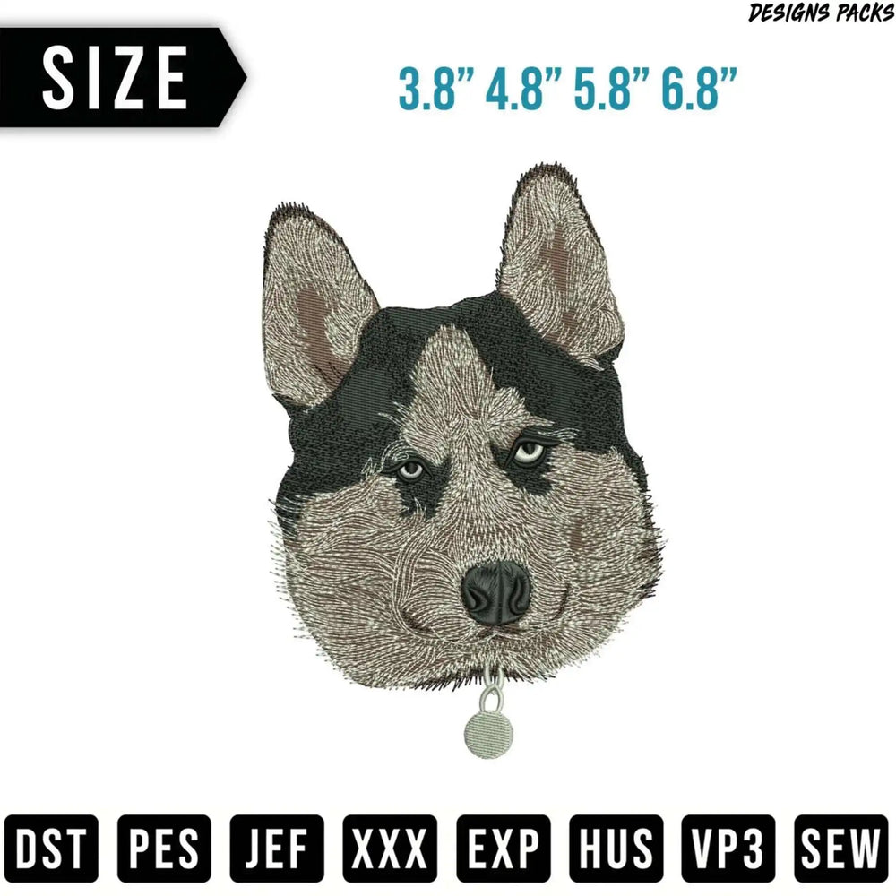 Husky dog head embroidery design with size and file format options.