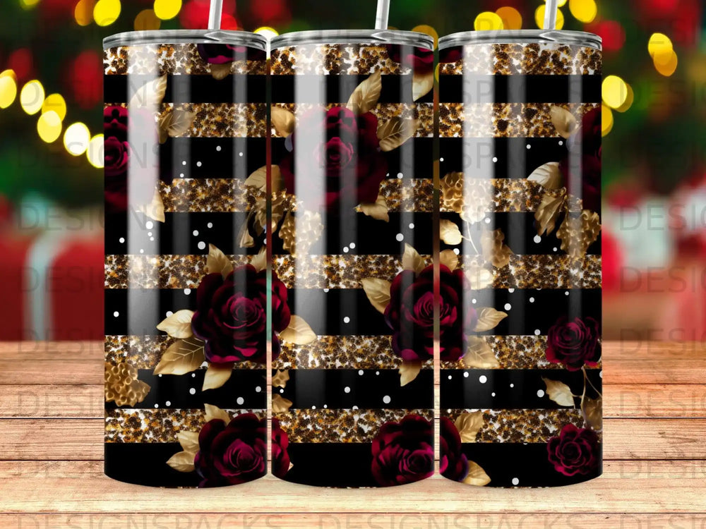 Tumbler with dark red roses, gold leaves, and black and gold leopard print stripes.