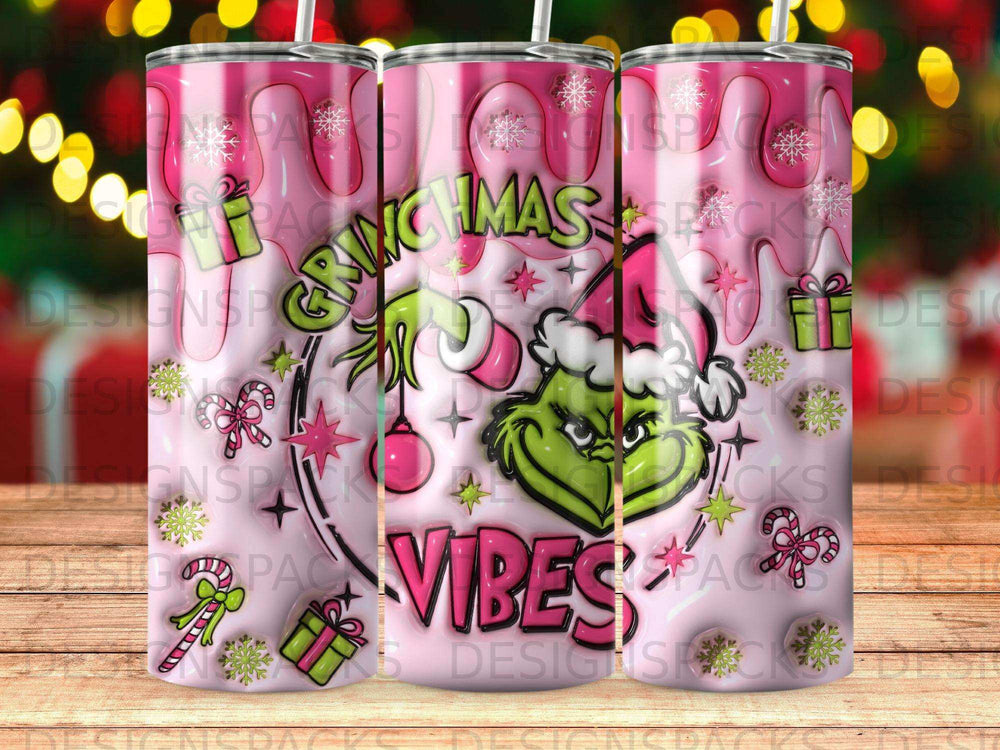 Grinch with Santa hat and "Vibes" text on a pink and green holiday tumbler.