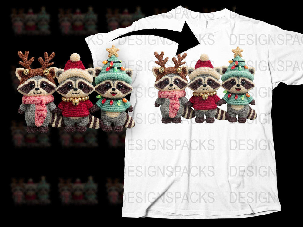 Cute Raccoon Christmas T-Shirt, Festive Holiday Animals in Sweaters, Kids and Adults Sizes Available