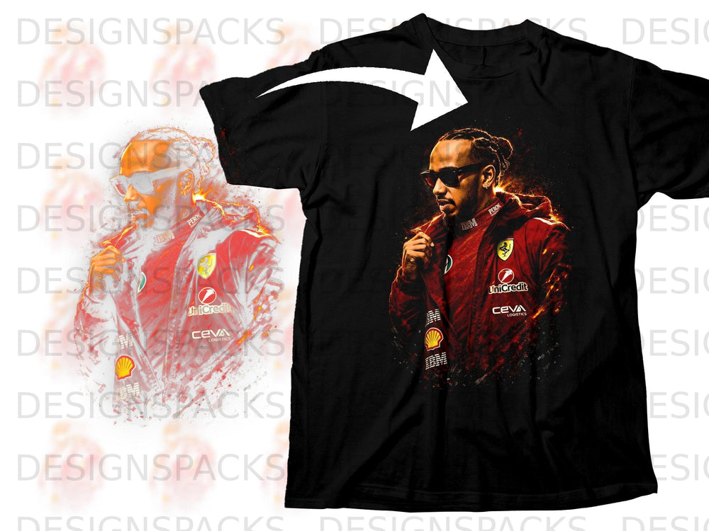 Black t-shirt with graphic of Lewis Hamilton wearing a red racing suit.