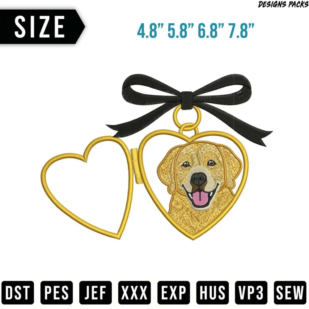 Golden retriever embroidery design with heart-shaped locket, available in four sizes.