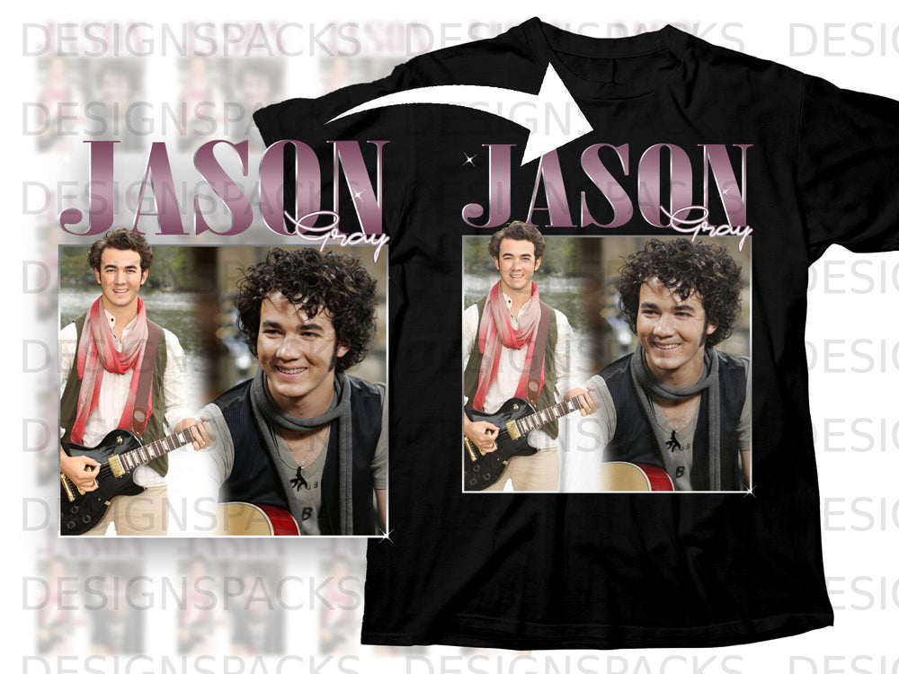 Black t-shirt with "JASON Gray" text and two images of a man playing guitar.