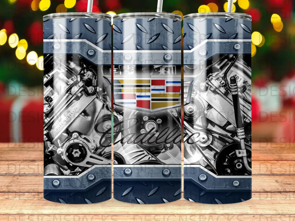 Cadillac engine and flag emblem on a distressed metal background tumbler.