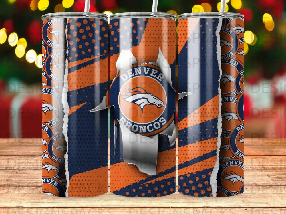 Denver Broncos logo on a ripped orange and blue textured tumbler.