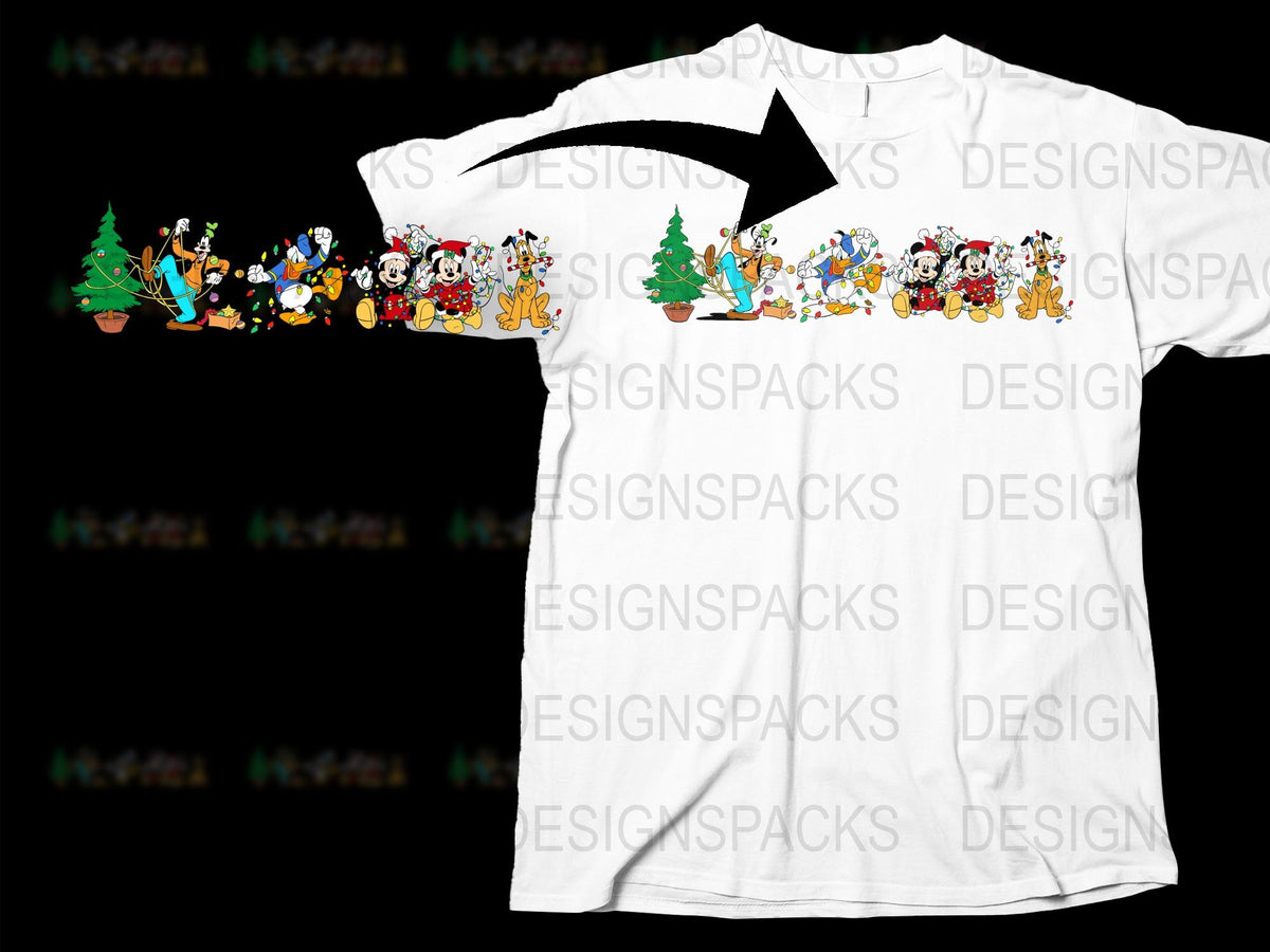 Festive Holiday T-Shirt with Cartoon Characters, Christmas Tree, Snow, Family Friendly Apparel