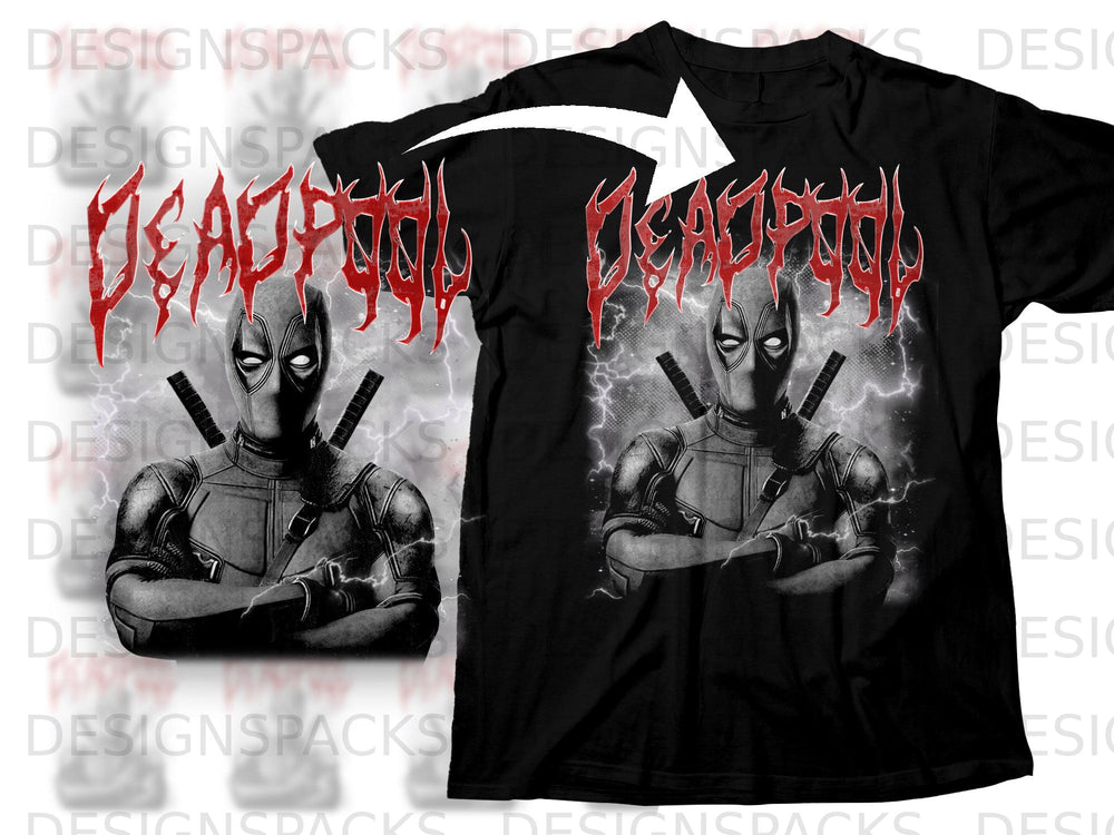 Black t-shirt featuring a graphic of Deadpool with lightning and the word "Deadpool".