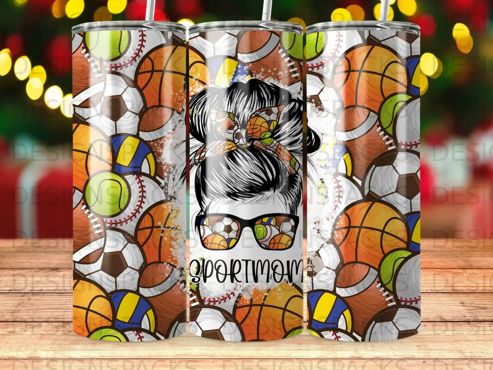 Tumbler with sports balls and "sport mom" text, wearing sunglasses.