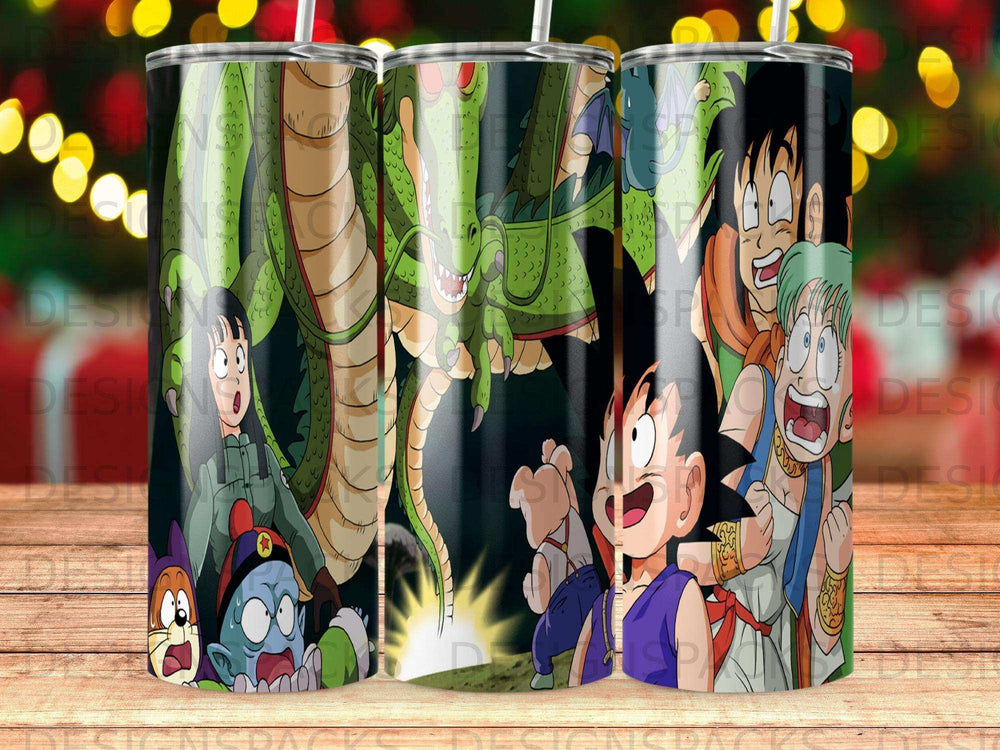 Dragon Ball Z characters Goku, Krillin, Piccolo, and Gohan with a dragon.