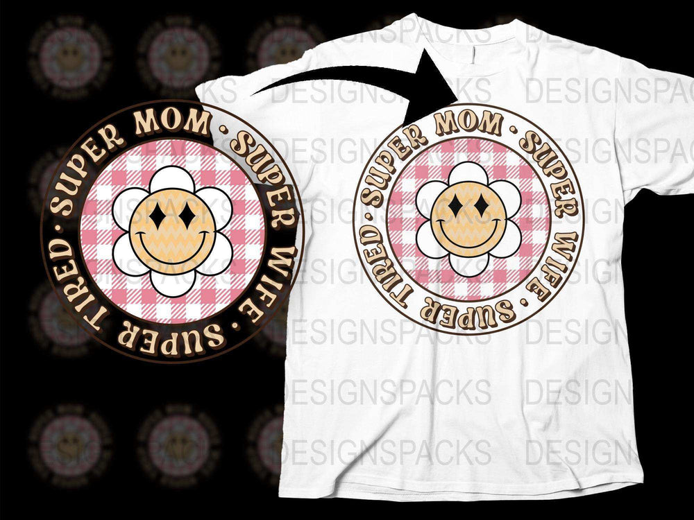 Super Mom T-Shirt, Unique Pumpkin Smiley Face Design, Red Plaid, Comfortable Summer Top