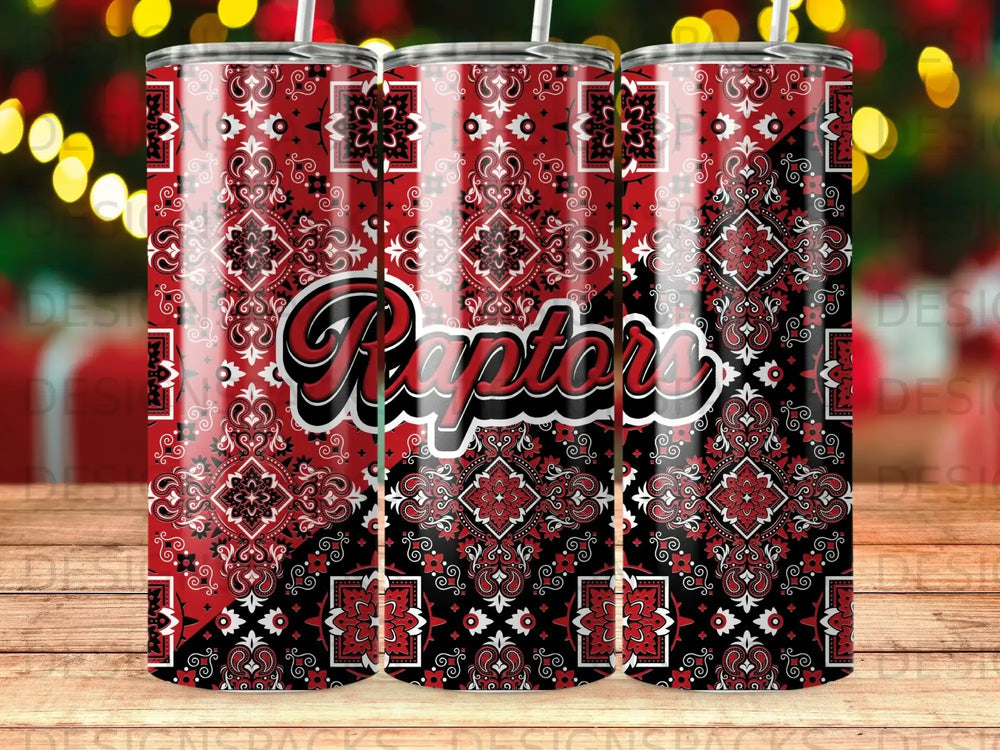 Red and black bandana pattern tumbler with "Raptors" text.