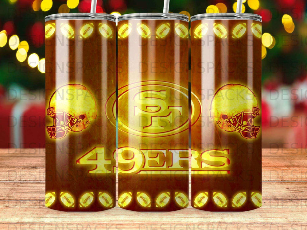 San Francisco 49ers logo and football pattern on a tumbler.
