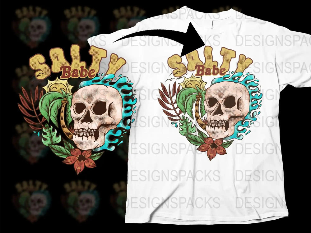 Salt Babe Skull T-Shirt, Colorful Floral and Heart Graphic Tee, Unisex Casual Streetwear Shirt
