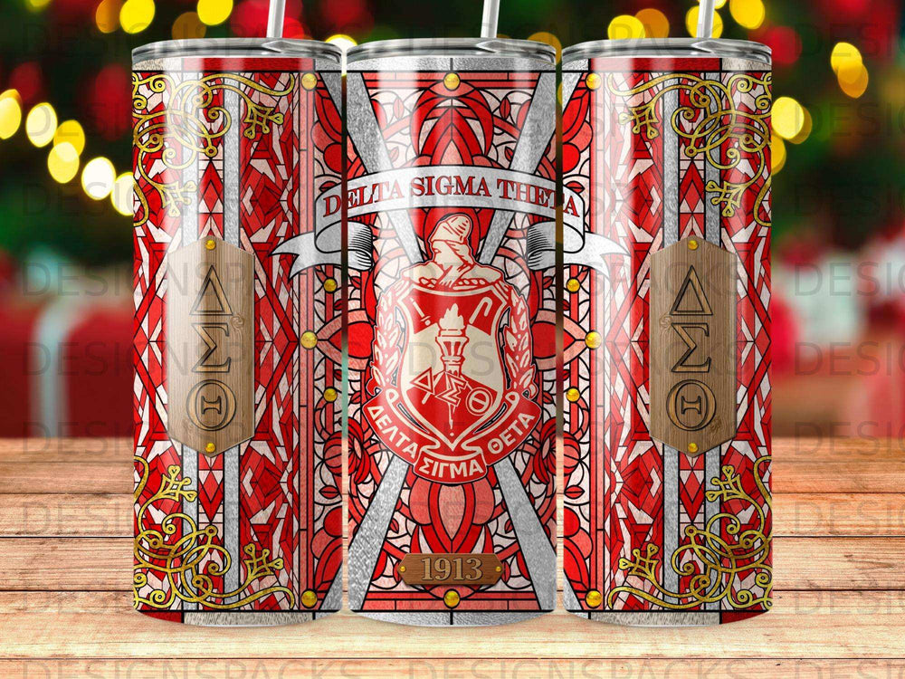 Delta Sigma Theta Sorority emblem on a red and white patterned tumbler.