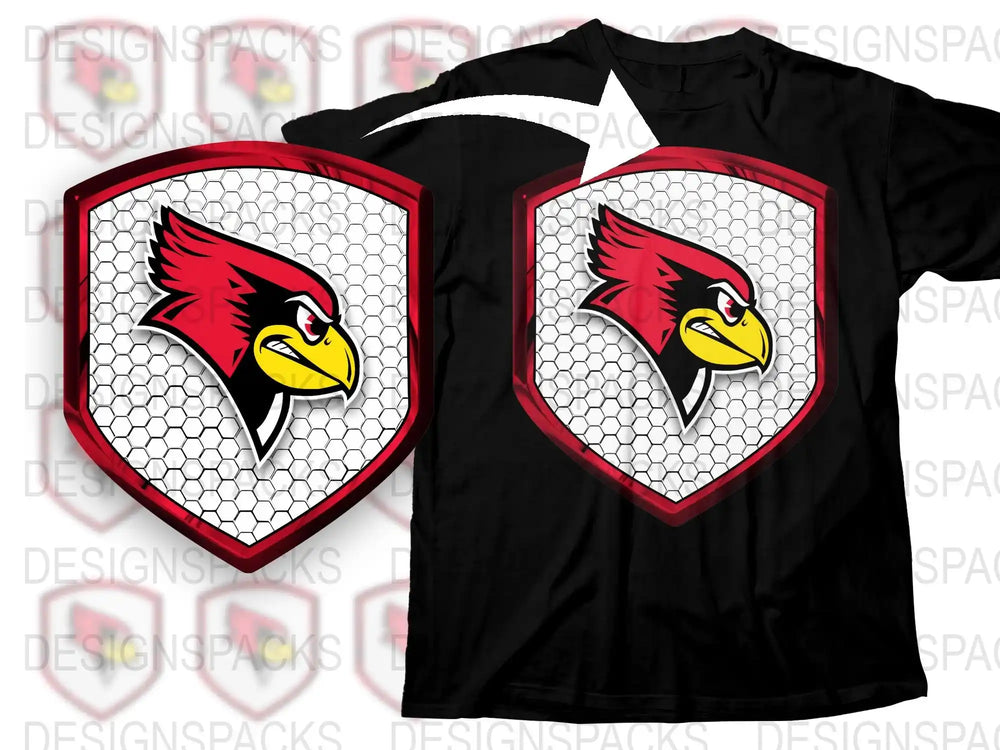 Men's Black T-Shirt with Red Cardinal Bird Graphic, Sporty Team Shield Design, Casual Wear