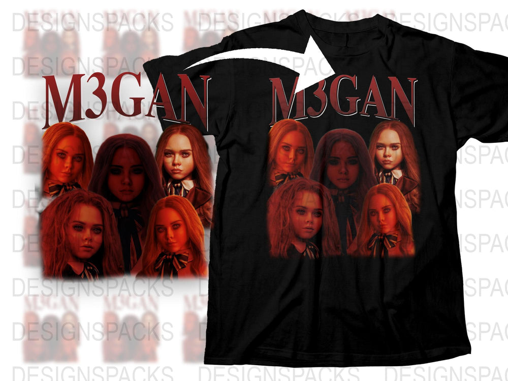M3GAN Movie Fan T-Shirt, Horror Film Graphic Tee, Multiple Faces Design, Unisex Black Shirt