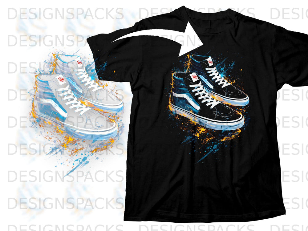 Black t-shirt with a graphic print of two Vans high-top sneakers in black and blue.