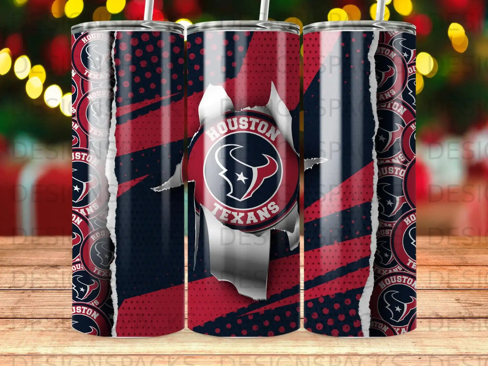 Houston Texans logo on a ripped, patriotic-themed tumbler.