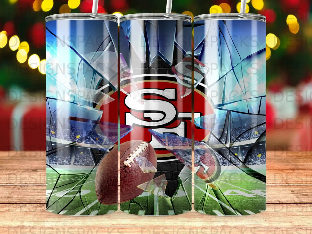 San Francisco 49ers logo with football on stadium background.