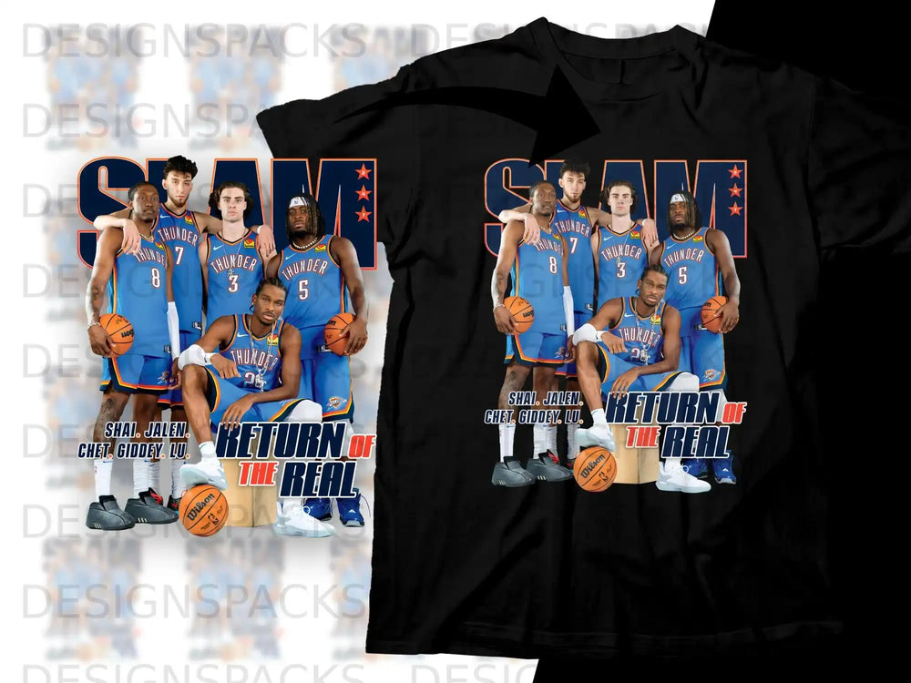 Oklahoma City Thunder players Shai, Jalen, and Chet with "Return of the Real" text.