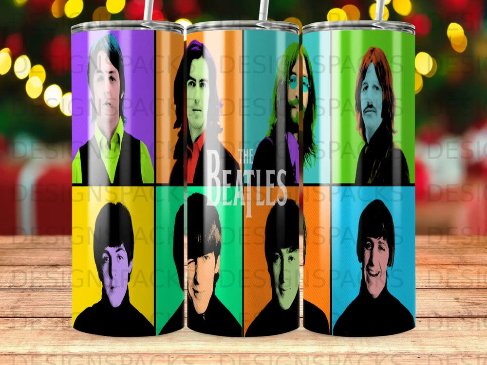 Collage of four Beatles album covers with vibrant, abstract background patterns.
