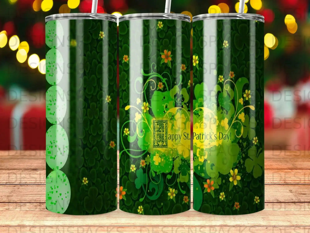 Green tumbler with shamrocks, clovers, and "Happy St. Patrick's Day!" text.