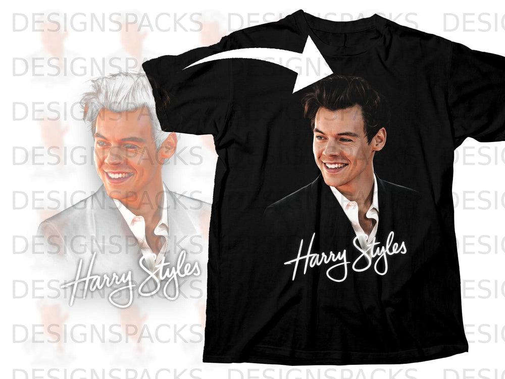 Black t-shirt with a smiling portrait of Harry Styles and his name.