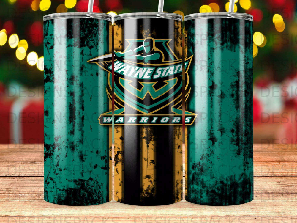 Wayne State Warriors logo on a distressed teal and black striped tumbler.