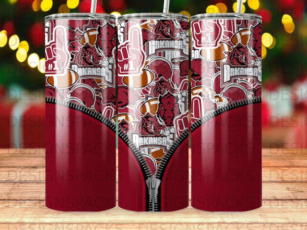 Tumbler with Arkansas Razorbacks logo, footballs, and "1" foam finger graphics.