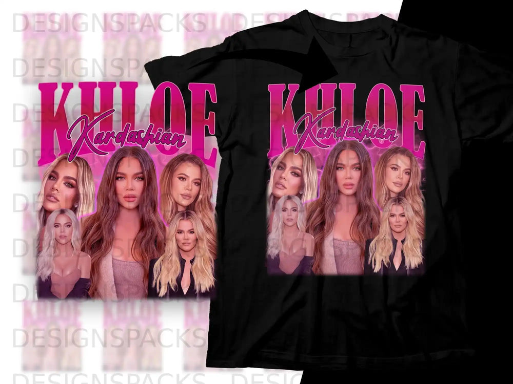 T-shirt with collage of Khloe Kardashian images and "Khloe Kardashian" text.