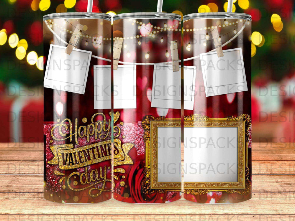Valentine's Day tumbler with glitter, photos, and golden frame.