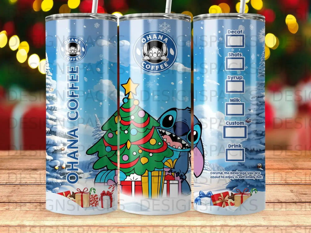 Ohana Coffee tumbler with Stitch and a Christmas tree, hot beverage warning.