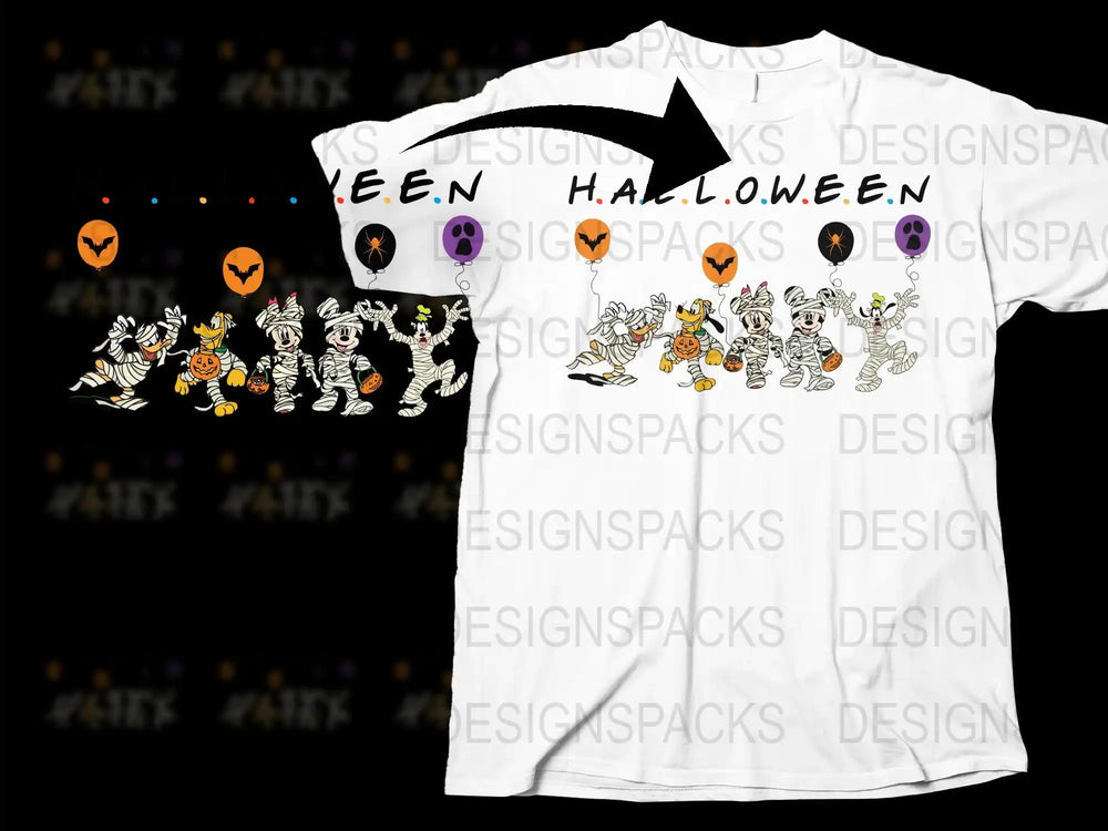 Halloween Themed T-Shirt, Vintage Cartoon Characters, Spooky Fun, White Tee, Unisex Fit, Holiday Apparel