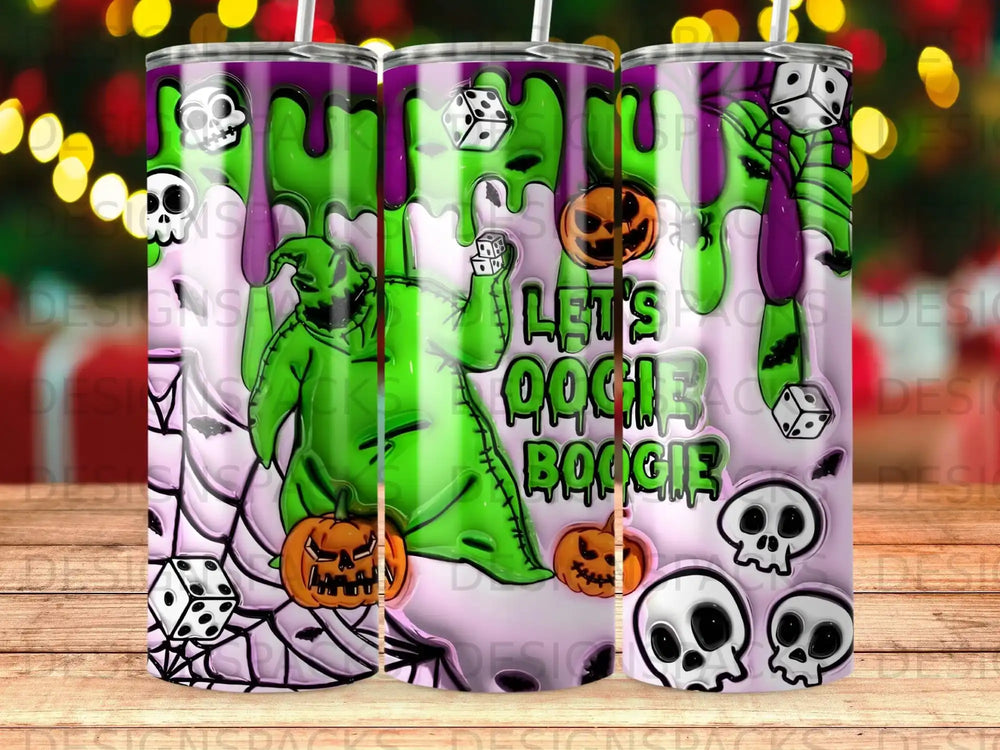 Halloween tumbler with Oogie Boogie, pumpkins, skulls, and dice.