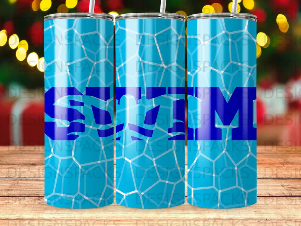 Blue tumbler with "SWIM" text over a geometric background pattern.