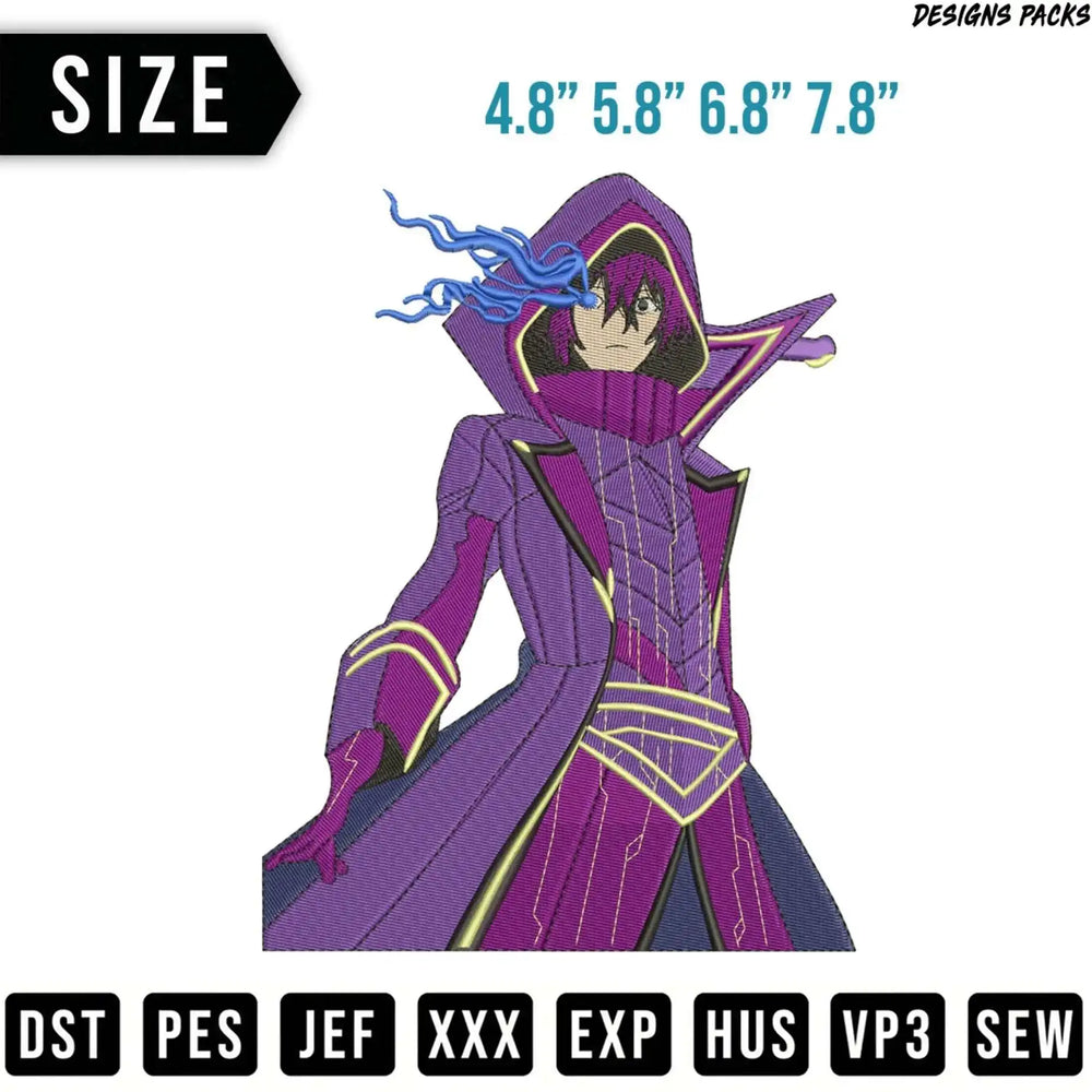 Anime character in purple cloak with blue flames, sizes and file types listed.