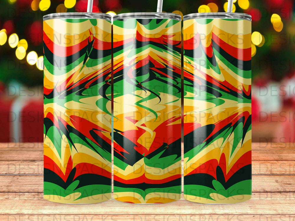 Three tumblers with a colorful abstract wavy pattern in red, yellow, green, and black.