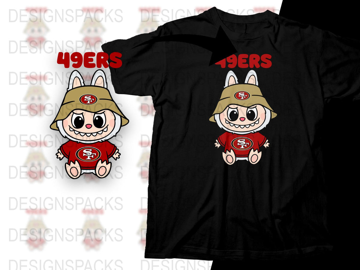 San Francisco 49ers Inspired Cartoon Character T-Shirt, Unisex Black Tee with Cute Football Mascot Design
