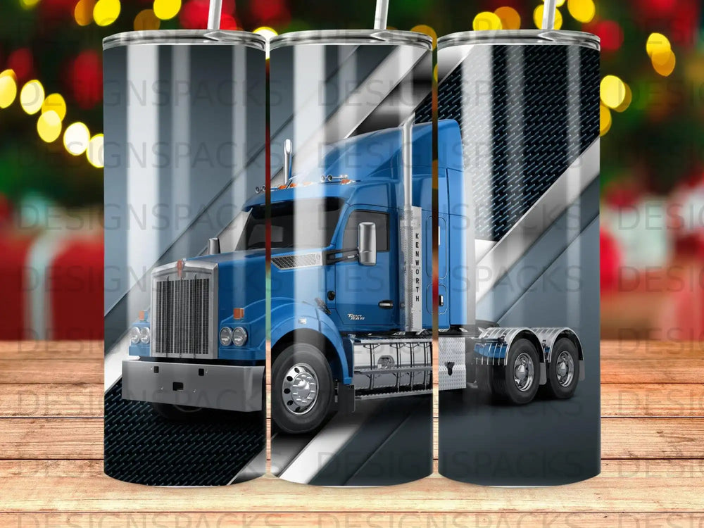 Blue Kenworth semi-truck with black metallic grid background.