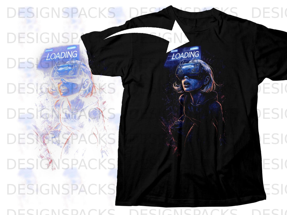 Black t-shirt with a graphic of a person wearing VR goggles and the word "LOADING".
