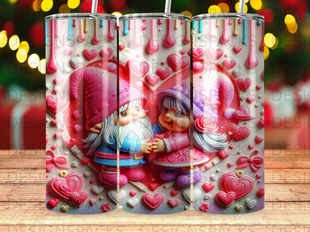 Two gnomes holding hands, surrounded by hearts and bows, on a tumbler.