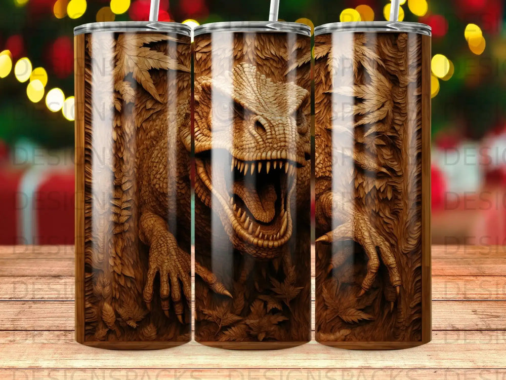 Brown textured tumbler with a detailed dinosaur face and leaves design.