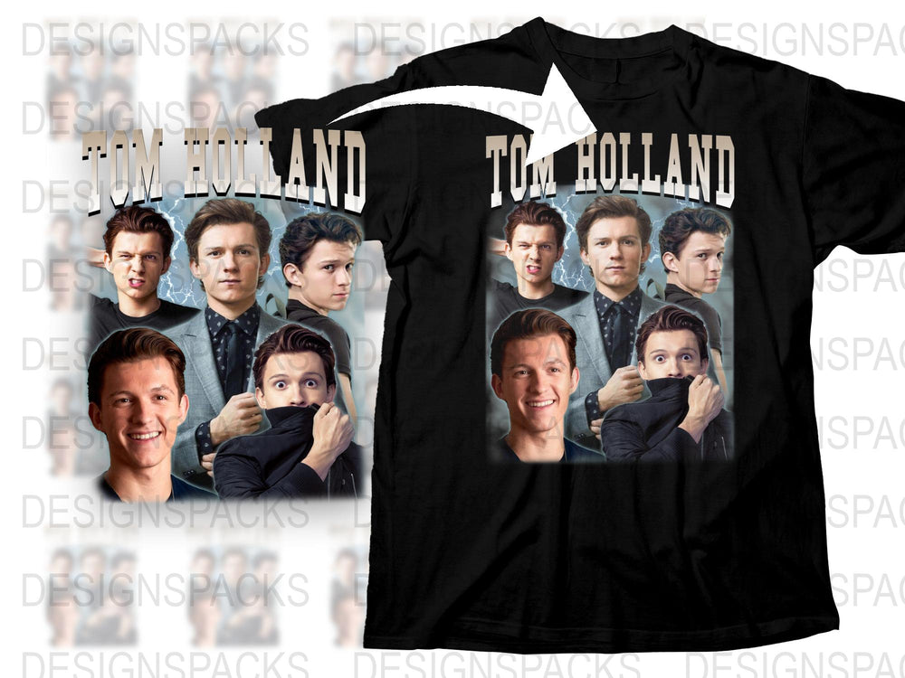 Tom Holland Graphic T-Shirt, Actor Photo Collage, Black Cotton Tee, Fan Merchandise, Multiple Poses, Casual Apparel
