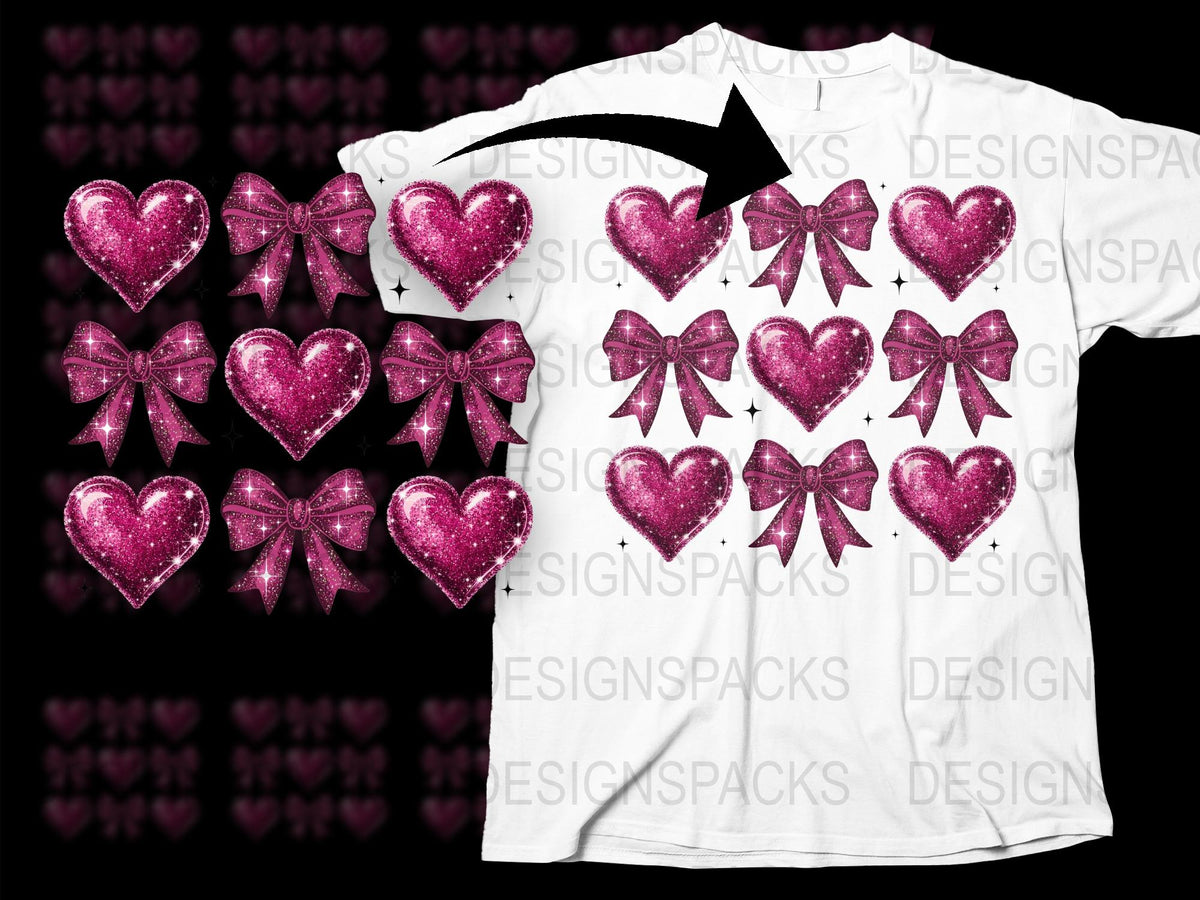 Sparkly Pink Heart Bows T-Shirt, Glitter Love Graphic Tee, Valentine's Day Gift, Women's Fashion Top