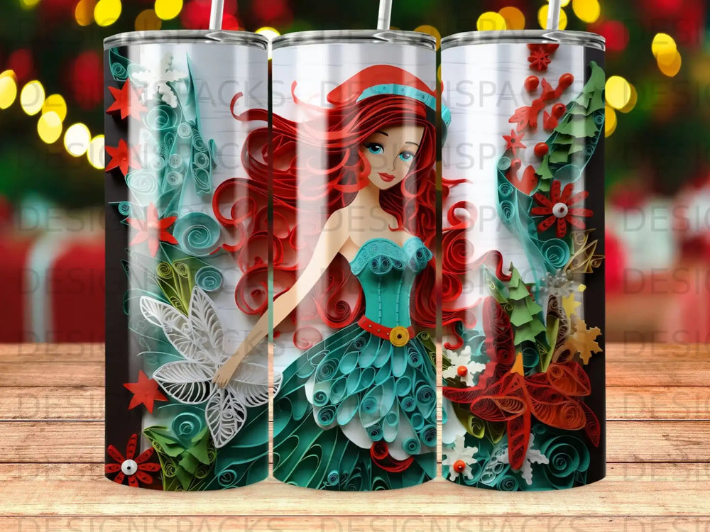 Stylized cartoon woman with red hair, green dress, and papercraft embellishments.