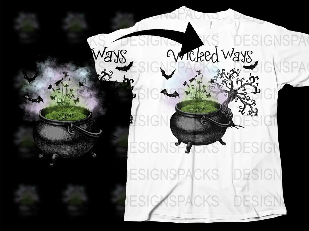 Witchy Cauldron T-Shirt, Halloween Graphic Tee, Spooky Witches Brew Design, Bat Silhouettes, Unisex Clothing