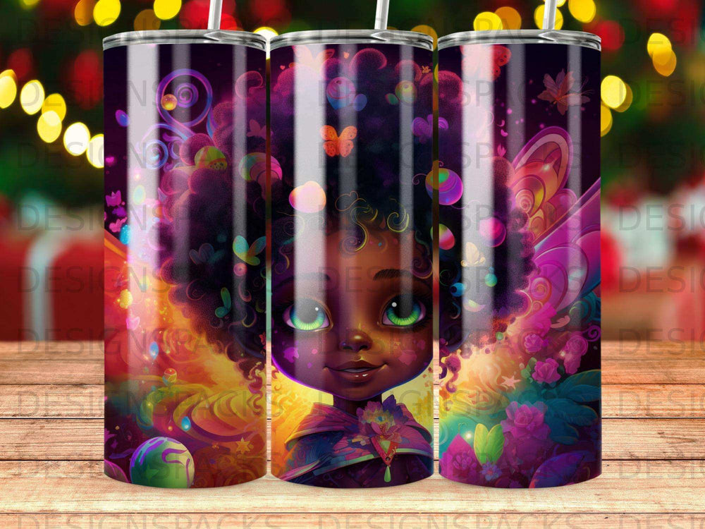 Cartoon girl with afro, colorful flowers, and butterflies on a tumbler.
