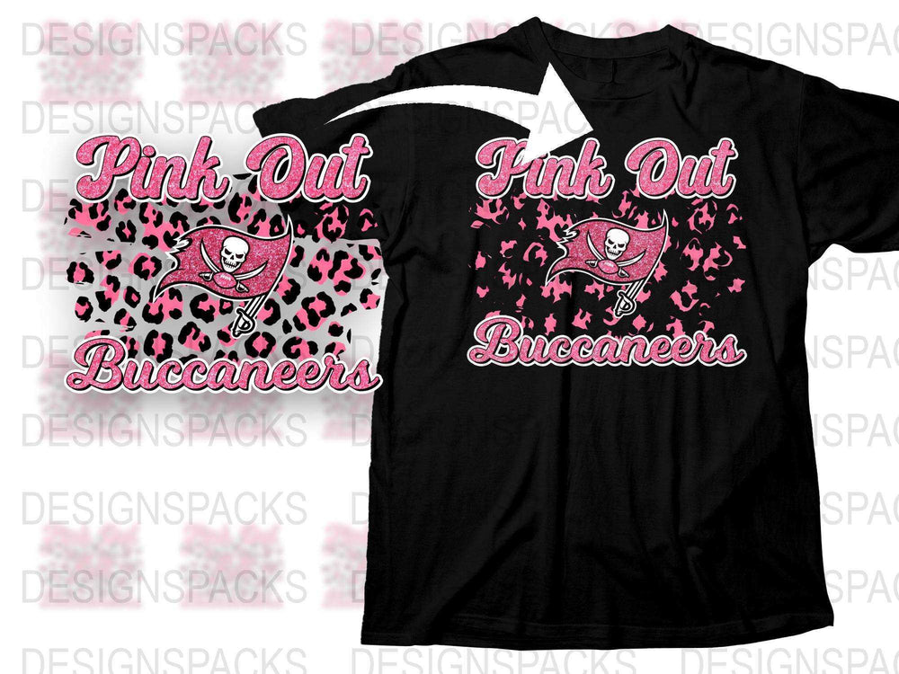 Pink Out Buccaneers T-Shirt, Black Graphic Tee, Skull and Hearts Design, Sports Fan Apparel