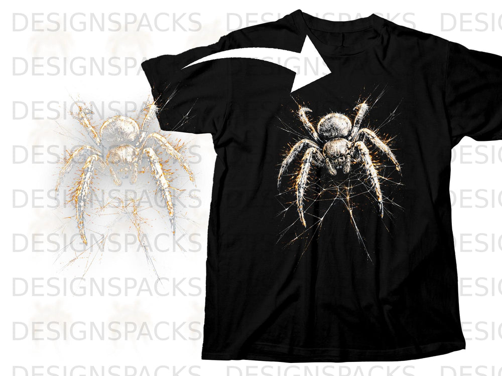 Black t-shirt with a detailed, realistic spider graphic on a web.